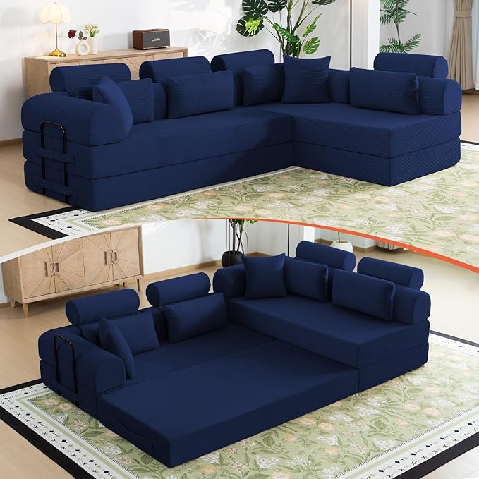 106" L-Shaped Boneless Sectional Couch, 2-Piece 70.87" Modules, Converts to 141.7" Extra-Long Straight Sofa, Corduroy Couch in a Box with Headrest & Back Pillows for Living Room, Dark Blue