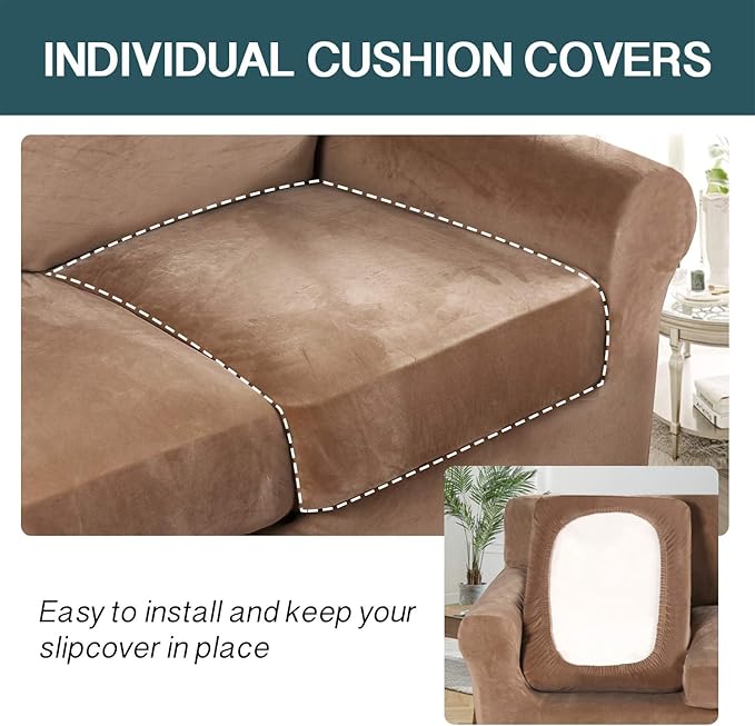FantasDecor 4 Piece Sofa Velvet Couch Covers for 3 Cushion Stretch Slipcover with Individual Seat Cushion Elastic Furniture Protector for Pets, Machine Washable (Large Sofa, Luggage)