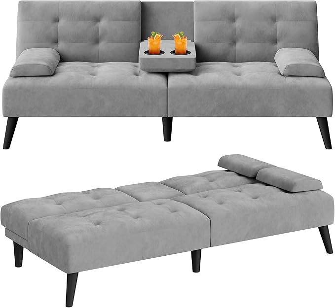 Meilocar 64" Futon Sofa Bed, Convertible Loveseat with 2 Cup Holders, Small Couch with 3 Adjustable Angles & Removable Armrest, Modern Sleeper Sofa for Apartment, Office, 5.3 FT, Light Grey