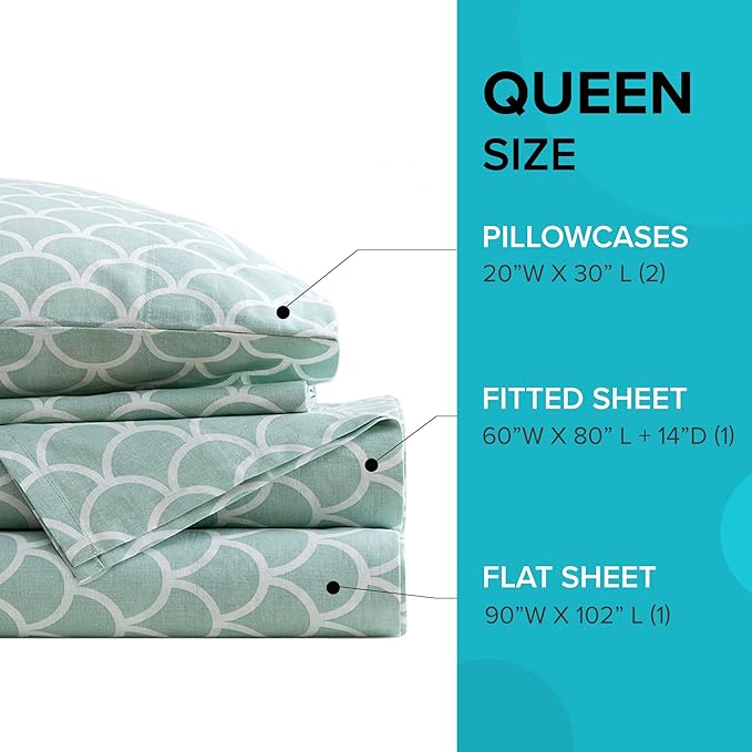 Comfort Spaces 100% Cotton Sheet Set Breathable, Lightweight, Soft with 14" Elastic Pocket Fits up to 16" Mattress, All Season Cozy Bedding, Matching Pillow Case, Queen Scales 4 Piece