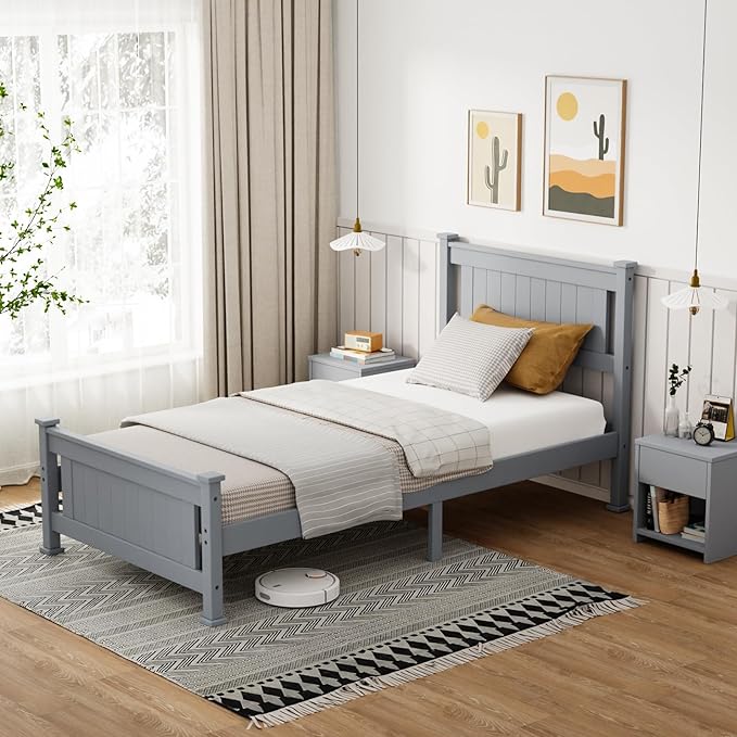 VINGLI Twin Bed Frame Solid Wood Platform Single Bed with Headboard, No Box Spring Needed Panel Bed, Wood Slat Support Mattress Foundation, Gray