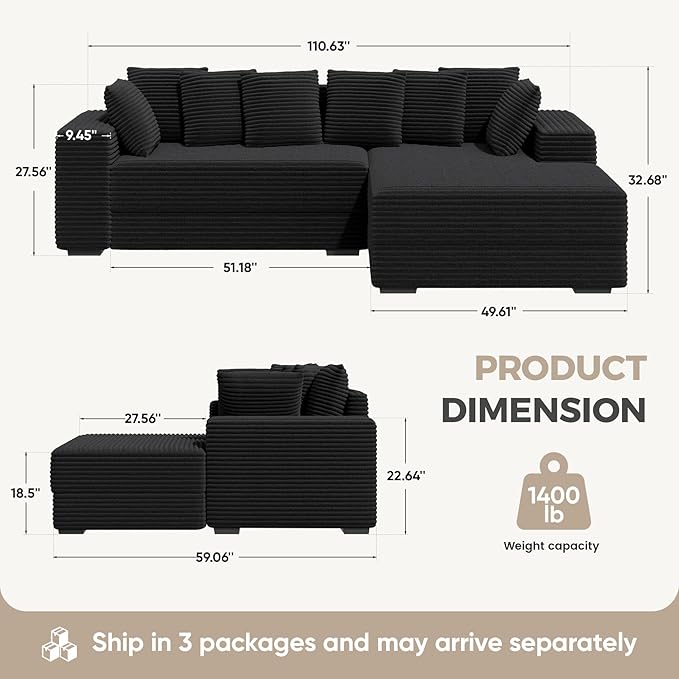 111'' Modular Sectional Cloud Couches with Chaise, L Shaped Extra Large Sleeper Couch Reversible Fluffy Corduroy with 8pcs Pillows for Living Room(Black Right Facing Chaise)