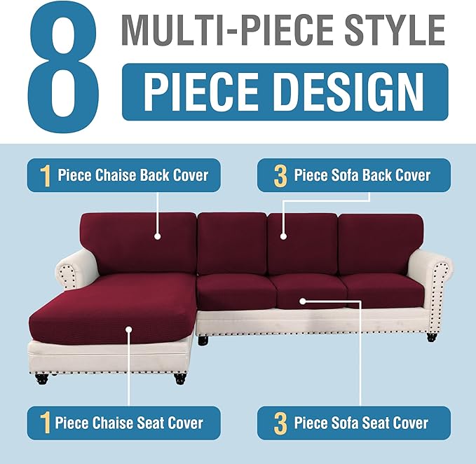H.VERSAILTEX Sectional Couch Covers 8 Pieces Stretch Sofa Covers for Sectional Sofa Set Separate L Shaped Couch Cover for Both Left/Right Couch (Seat and Back: 1 Chaise + 3 Sofa, Burgundy)
