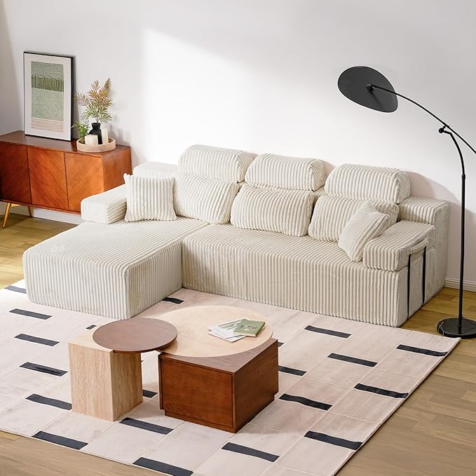 106’’ Sectional Couch with High Backrest, L-Shape Modular Sectional Sofa Convertible Left or Right Chaise, Cloud Corduroy, Boneless Couches Comfortable for Living Room(Beige)