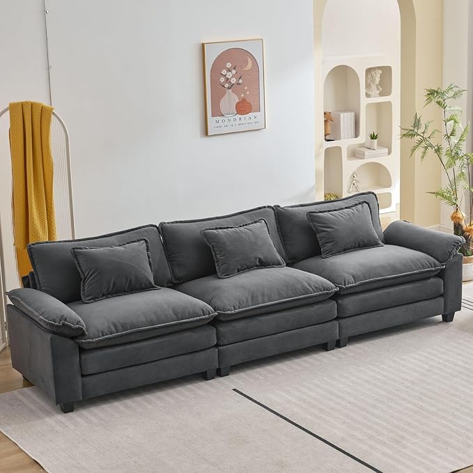 120" Modular Sectional Sofa, Comfy Cloud Couch Sectional Sofa, Velvet Sofa Sleeper Deep Seat Sofa with Throw Pillows for Living Room (Blue Gray, 120"- 3 Seater)