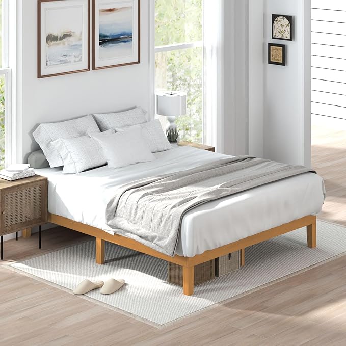 Sweetcrispy Solid Wood Bed Frame, Queen Size Bed Base with Wood Slat Support, Sturdy, Stylish & Noise-Free Design, No Box Spring Needed, Easy Assembly, 12 in Natural Pine