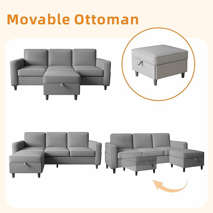 78" Sectional Sofa Couches for Living Room, Convertible L Shaped Couch with Storage Ottoman, Deep Seat Pet-Friendly Linen Fabric Sofa Set for Small Space, Apartment, Dorm
