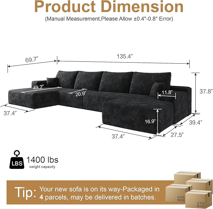 136" Sectional Couches for Living Room Cloud Couch Sofa with L-Shape Upholstered Boneless Couchs Modern Modular Sectional Couch with Chaise (Black, 136" Left Facing Chaise+3Seaters+Ottoman)