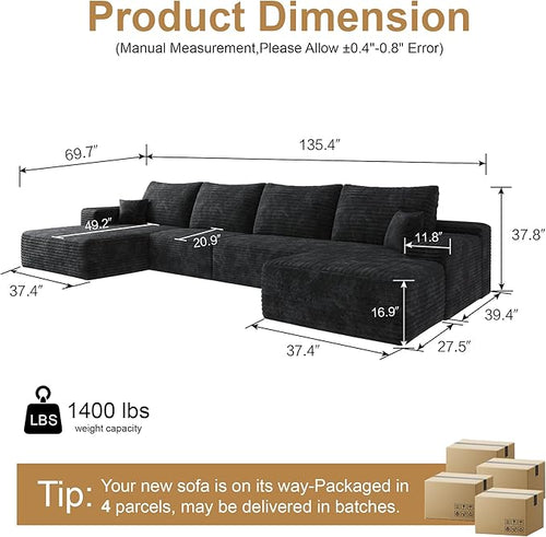 136" Sectional Couches for Living Room Cloud Couch Sofa with L-Shape Upholstered Boneless Couchs Modern Modular Sectional Couch with Chaise (Black, 136" Left Facing Chaise+3Seaters+Ottoman)