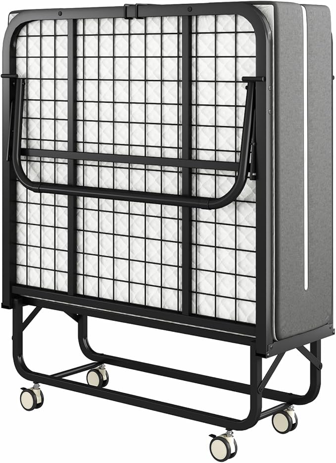 Folding Bed with Mattress for Adults, 75" x 38"Portable Twin-Size Rollaway Bed, Metal Frame Foldable Guest Bed with Memory Foam Mattress,Deluxe Single Beds with Side Storage Pocket