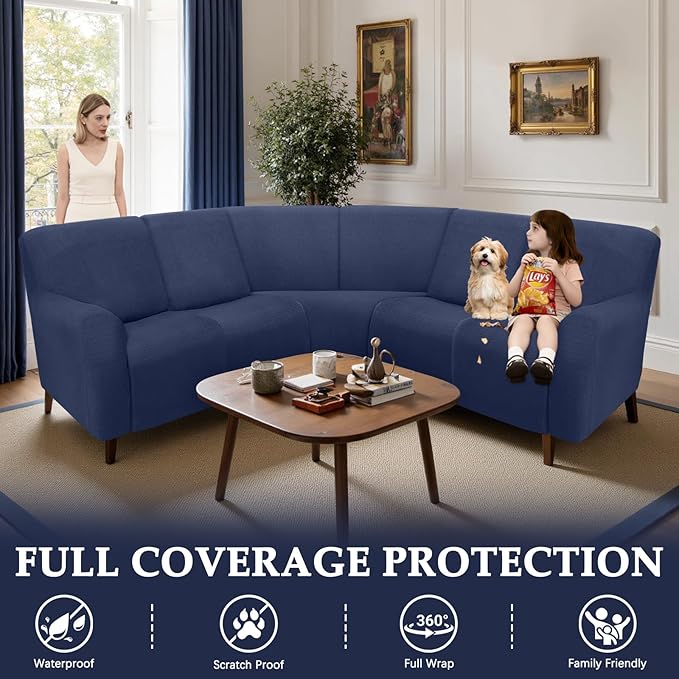 Waterproof Reclining Sectional Couch Covers Washable L Shaped Couch Cover for Sectionals Recliner Sofa Covers Stretch Corner Recliner Slipcovers for Dogs (5 Seater Cover, Navy Blue)