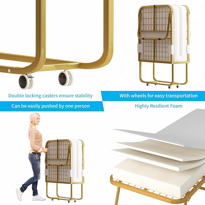 Mjkone Folding Bed with 5 Inch Memory Foam Mattress, Single Rollaway Bed for Guests, Space Saving Portable Bed with Lockable Wheels, Easy Assembly & Moving, 75 x 38 -Gold