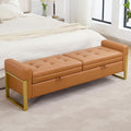 67" End of Bed Bench King Size, Leather Storage Bench for Bedroom Foot of Bed, Double Lids Storage Bench with Golden Legs, Upholstered Ottoman Bench for Living Room Window Entryway, Brown