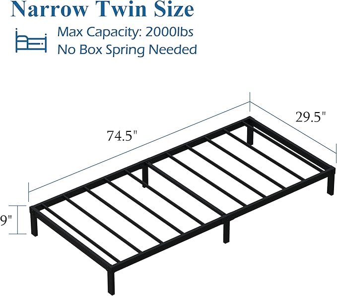 DiaOutro Narrow Twin Bed Frame 9 Inch Heavy Duty Low Profile Metal Platform No Box Spring Needed Mattress Foundation, Easy to Assembly, Noise Free, Black