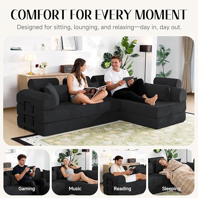 106" L-Shaped Modular Boneless Couch, 2-Piece System (2×70.87"), Convertible Sectional to 141.7" Straight Sofa, Corduroy Couch in a Box, Headrest & Back Pillows for Living Room, Black
