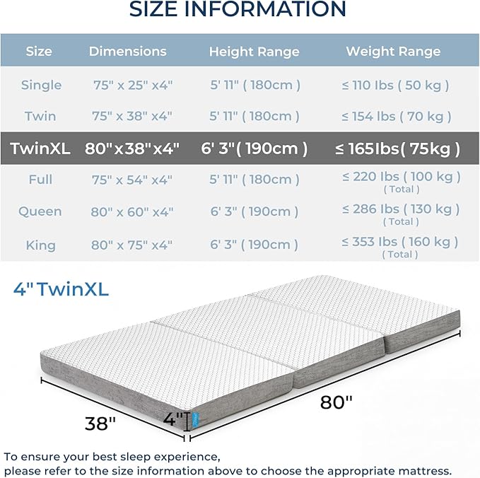 Odorless Foldable Mattress Twin XL 80" x 38" x 4", 4 Inch Folding Foam Mattress with Storage Bag, Fiberglass Free Trifold Memory Foam Mattress for RV, Guest Bed