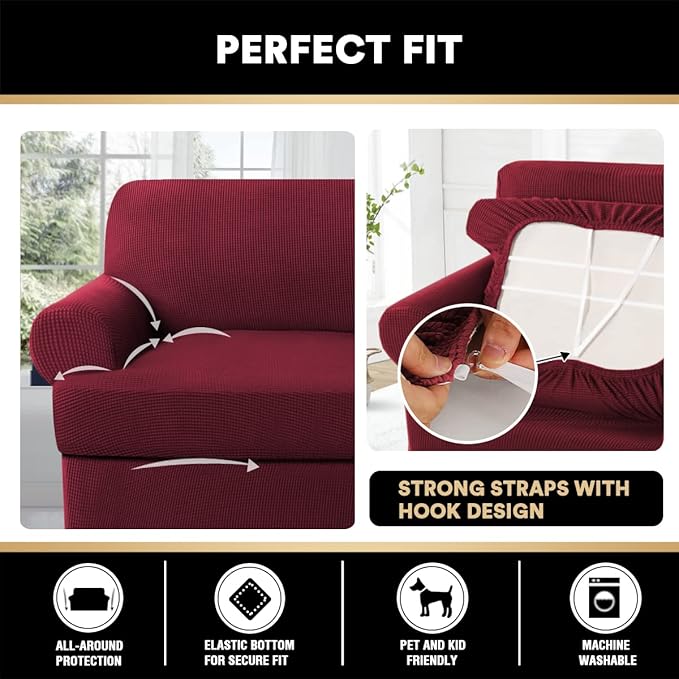 PrinceDeco T Cushion Sofa Slipcover 4 Pieces Sofa Covers for T Cushion Couch Soft Sofa Slip Covers Furniture Protector with 3 Individual T Shape Seat Covers Width Up to 88" Burgundy