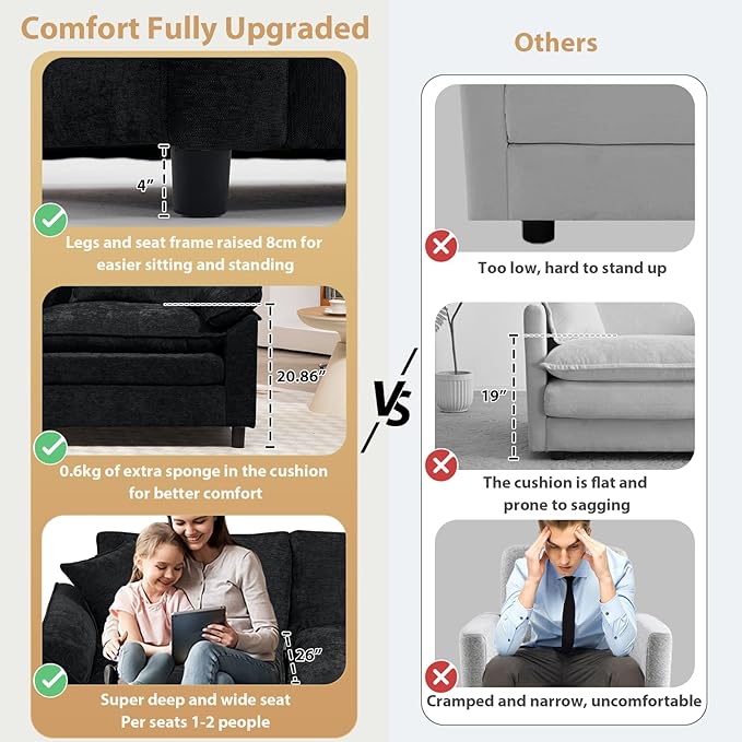 Oversized Modular Sectional Sofa, 146.5 Inch L Shaped Cloud Couch Set, 4-Seat Comfy Convertible Sofa with 1 Movable Ottoman, DIY Combination Sleeper Couch for Living Room(Chenille, Black)