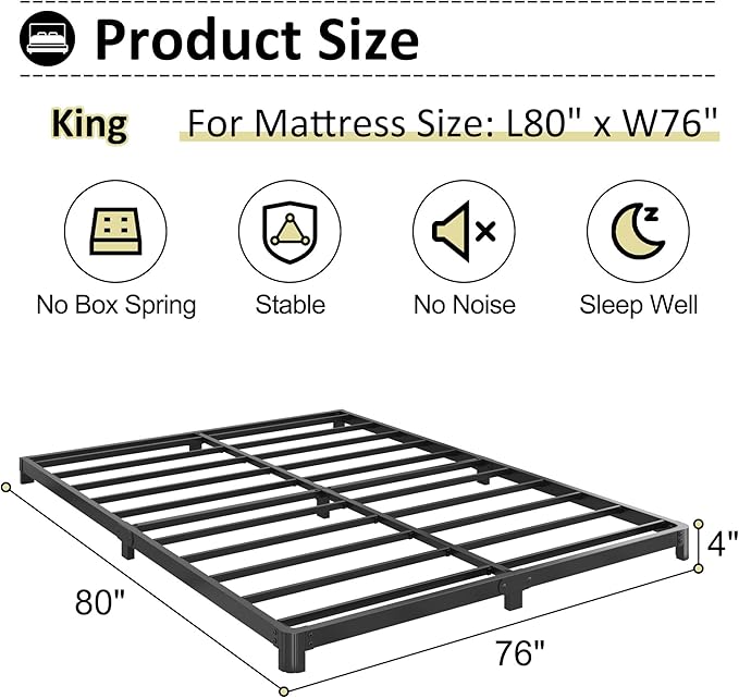 Yicensen 4 Inch Low Profile King Bed Frame with Rounded Corner Legs Heavy Duty Metal King Size Platform Bed Frame No Box Spring Needed, Easy Assembly, Noise Free, Black.