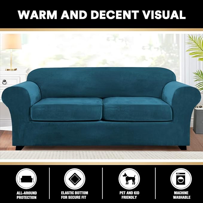 PrinceDeco Couch Cover Velvet Plush Sofa Covers for 2 Cushion Couch Width Up to 90 Inch Washable Furniture Protector Pet Friendly No Slip Sofa Slipcover(Medium-Large, Deep Teal)