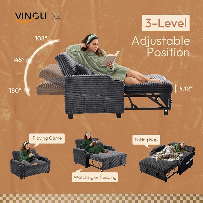 VINGLI Dark Gray Futon Sofa Bed Convertible Loveseat Sleeper Sofa Couch, Corduroy Pullout Sofa Fold Out Couch Bed with USB Ports, Cup Holders, Armrest for Living Room, Bedroom Apartment Room | Lovesest Sleeper