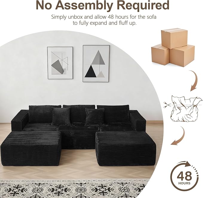 110" Boneless Couch with 2 Ottomans, Corduroy U-Shaped Modular Cloud Sofa with Deep Seats, Ergonomic Memory Foam Couches for Living Room, No Assembly Sectional Sofas, 5 Seater, Black