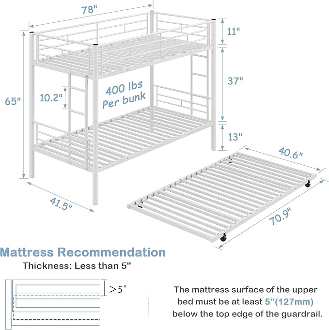 VECELO Bunk Bed Twin Over Twin with Trundle, Metal Bunkbeds with Ladder and Full-Length Guardrail, No Box Spring Needed, Space Saving, Noise Free, White