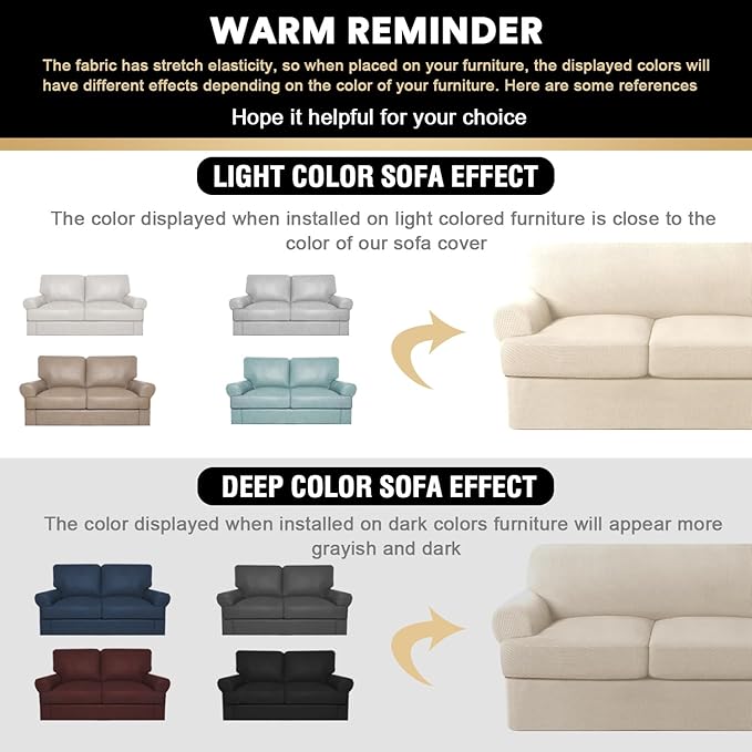 PrinceDeco T Cushion Sofa Slipcover 3 Pieces Sofa Covers for T Cushion Couch Soft Couch Covers Sofa Slip Cover Furniture Covers with 2 Individual T Shape Seat Covers Width Up to 88", Natural