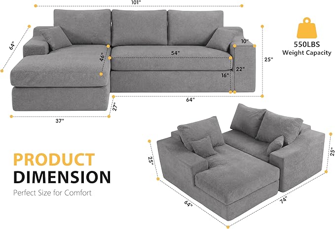 HABUTWAY 101'' Modular Sectional Sofa, Cloud Sectional Couches for Living Room, Comfy Boneless Couch with Deep Seat, Modern L-Shape Sofa with Chaise, No Assembly Required (Grey, Left Facing Chaise)