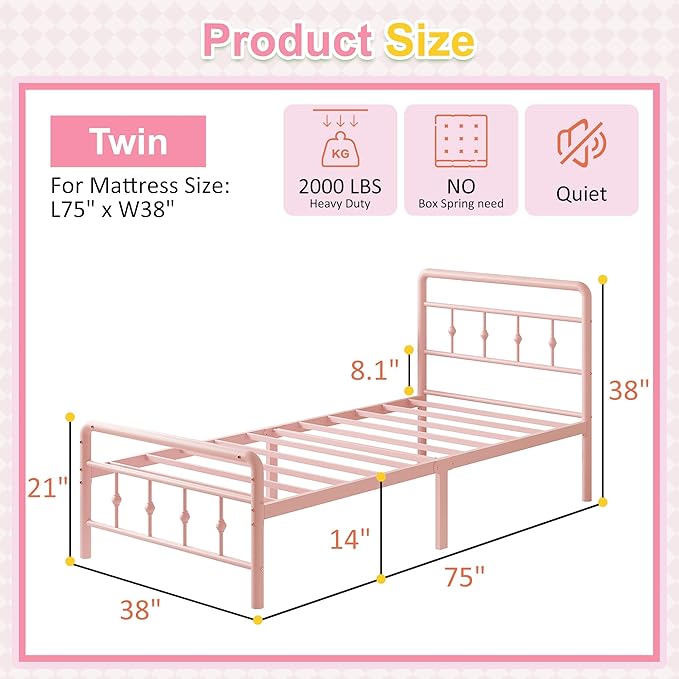 Richwanone 14 inch Twin Bed Frame with Headboard and Footboard, Heavy Duty Metal Bed Frame Victorian Style, No Box Spring Needed, Easy Assembly, Pink