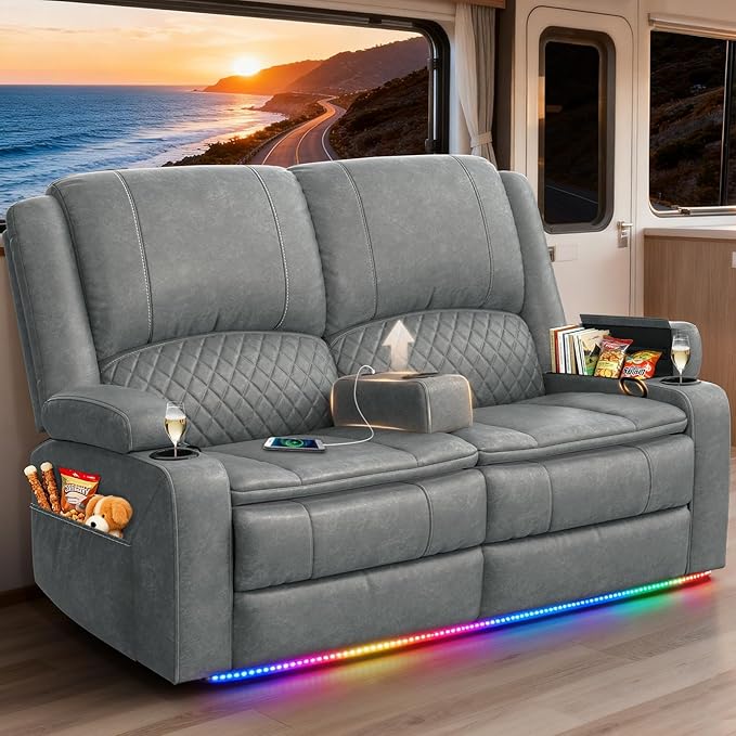 RV Loveseat Recliner Wall Hugger, Manual RV Reclining Loveseat with Removable Armrest, 3X Adjustable Theater Wall Hugger Loveseat Recliners with USB Ports, Cup Holders, Multi-Storage (PU,Grey)