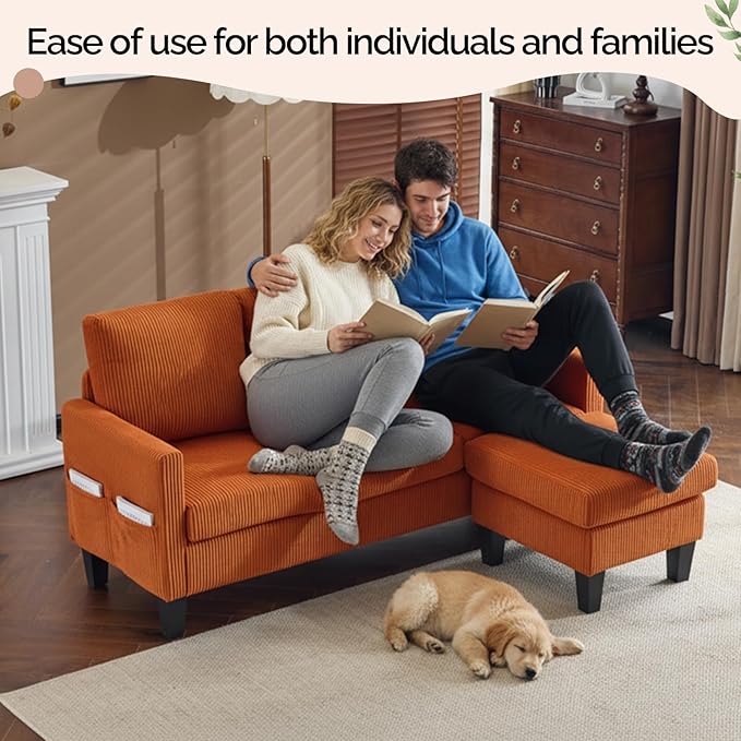 VINGLI 68.5' L Shaped Couch with Movable Storage Ottoman, Convertible Sectional Sofa in Soft Corduroy Fabric, Modern Reversible Chaise Couch for Small Spaces, Apartment, Living Room，Orange