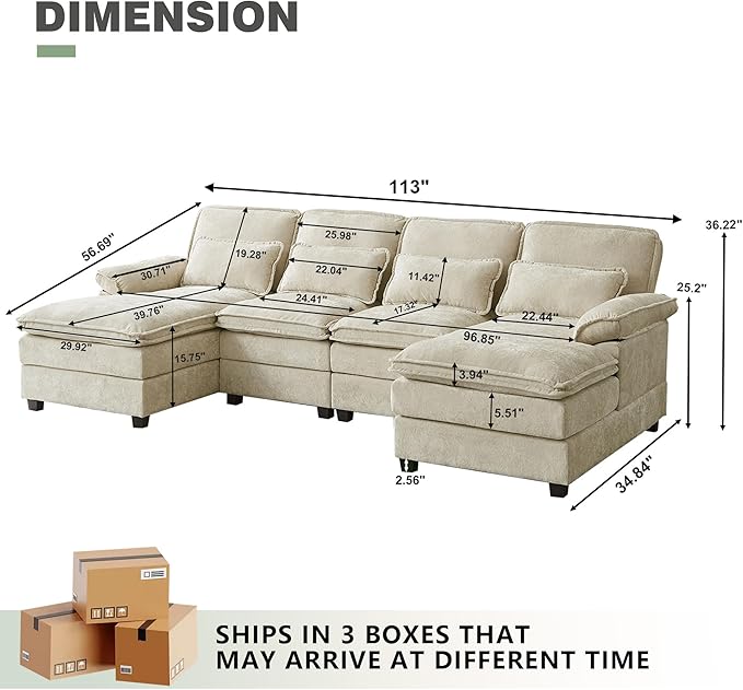 112" Modular Sectional Sofa, U Shaped Comfy Cloud Couch with Double Chaise and Padded Armrests, Modern Deep Seat Sectional Couches for Living Room, Apartment, Office, Beige
