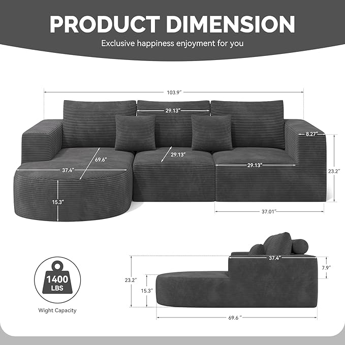 Boneless Couches for Living Room,Cloud Sectional Couch with L-Shape Chaise,Modern Modular Sofa with Deep Seat Upholstered Comfy Couches for Bedroom,No Assembly Required,1PCS
