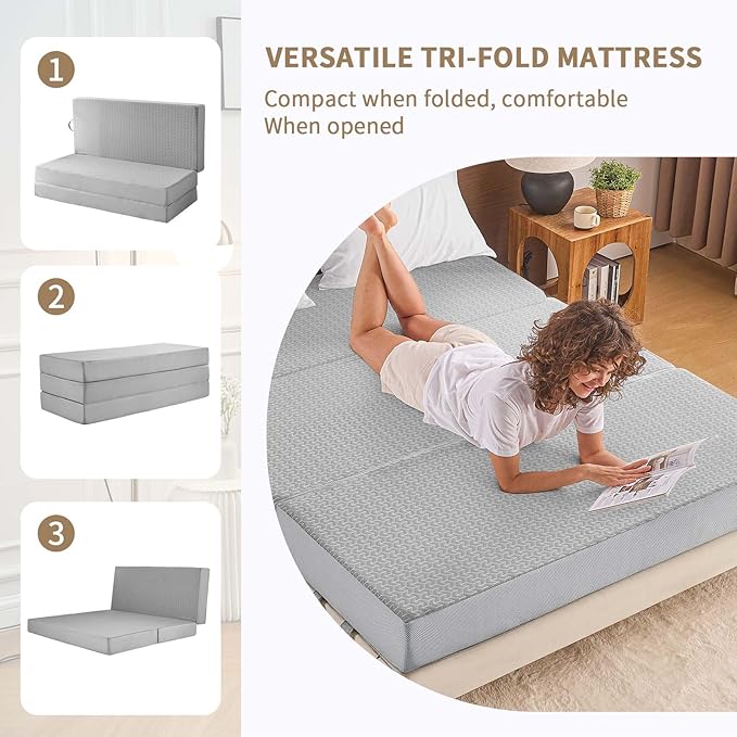 CYMULA Folding Mattress Queen Size, Memory Foam 6 inch Tri Portable Trifold Mattress Futon Topper Queen with Breathable & Washable Cover, Murphy Bed Guest Bed,Grey (58"x75"x6")
