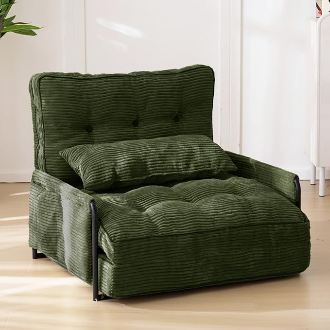 MAXYOYO Adjustable Floor Sofa Couch with Pillow, Multi-Functional Bean Bag Bed, 5-Position Foldable Lazy Sofa Sleeper Bed with Armrest, Versatile Floor Seating for Reading, Dark Green, Single