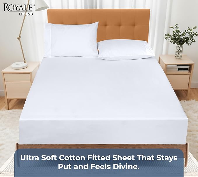 Royale Linens 100% Organic Cotton Fitted Sheet - Percale Weave - Super Soft Deep Pocket Bottom Sheets - White Elastic Sheet Twin XL Size - Twin XL Fitted Sheets Only - (39"x80"+15", White)
