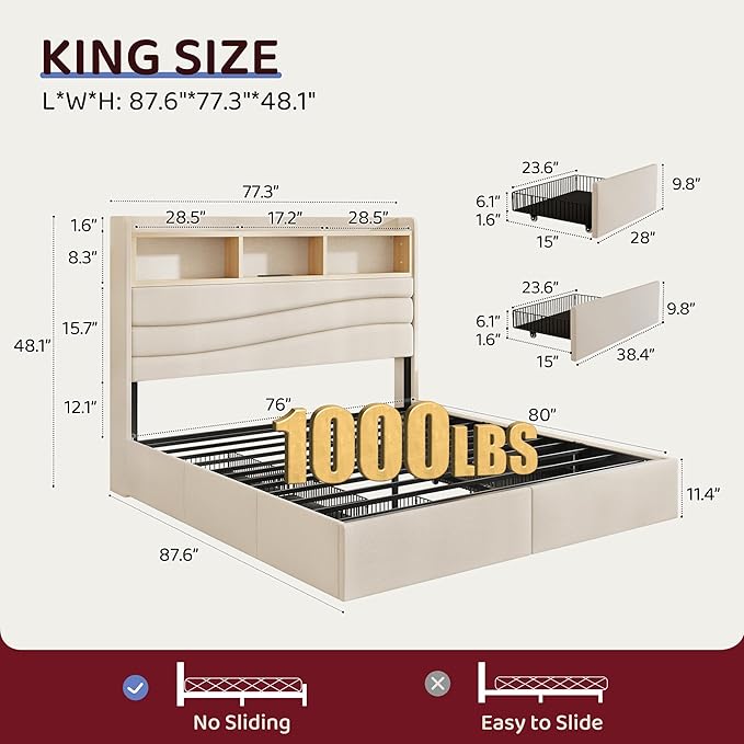 BRELTAM King Size Bed Frame with 6 Storage Drawers, Linen Upholstered Platform Bed with Charging Station,2-Tier Wave-Shaped Headboard Design,No Box Spring Needed,Easy Assembly,Beige