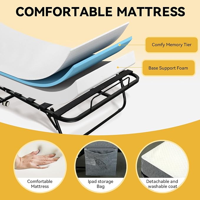 Folding Bed with Mattress for Adults, Twin Size Portable Foldable Bed with Metal & Wood Frame, Rollaway Guest, 75" x 38"
