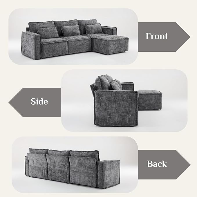 Karl home 110" Cloud Sectional Couches with Moveable Ottoman 3 Seat Boneless Modular Sofa Set L-Shape Convertible Couche with Chenille Upholstery for Living Room, Apartment, Studio, Gray