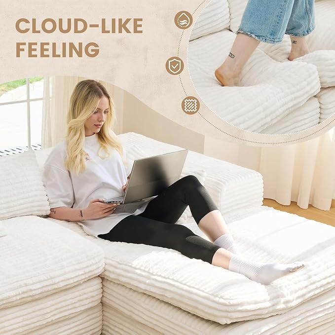 Belffin Boneless Cloud L Shaped Couch with Deep Seat Plush Corduroy Boneless Modular Cloud Sectional Couches for Living Room. Right Facing Chaise. Beige Sofa