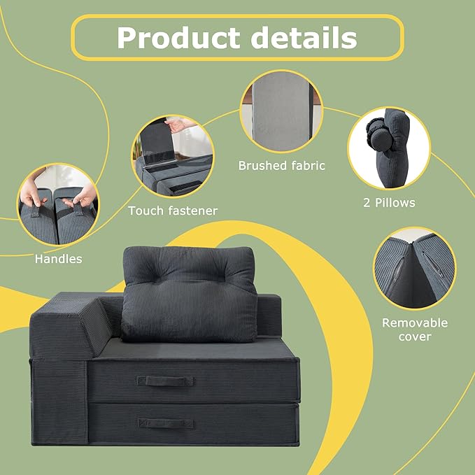 Folding Sofa Bed, 4 in 1 Convertible Sleeper Chair with Pillow, Standard Memory Foam Fold Out Chair Bed, Modern Floor Futon Sofa Couch Mattress for Living Room/Guest/Apartment, Black Grey | Compression sofa bed, L shaped armrest, Sturdy backrest, Large...