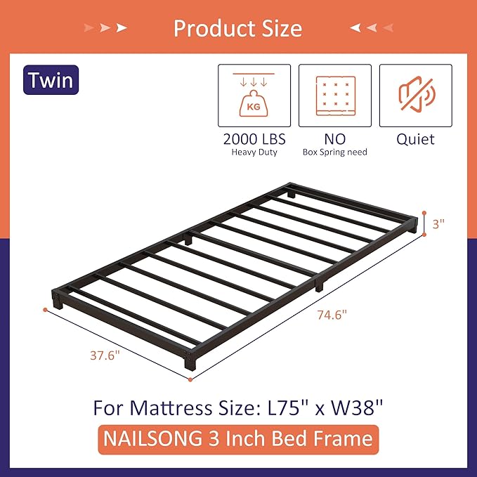 Nailsong 3 Inch Twin Bed Frames Low Profile, Twin Platform Bed Frame No Box Spring Needed, Heavy Duty Metal, Easy Assembly, Black