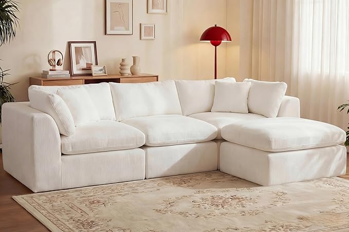 110'' Oversized Cloud Sectional Boneless Couch for Living Room, Modern Big Compressed L Shape Couch with Ottoman & 2 Throw Pillows, Chenille Deep Seat Memory Foam Spineless 4 Seater Sofa,Beige | Premium Chenille, Cloud-Like Comfort, Versatile Style, Wa...