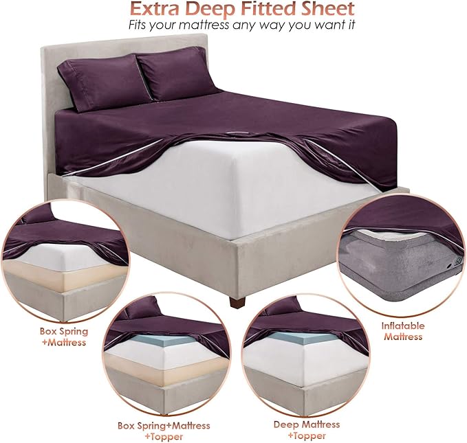 Hearth & Harbor Extra Deep Pocket Sheets - Fits Mattress 18-24 Inches Deep - Extra Deep Pocket Twin XL Sheets Sets - 4 Piece Twin XL Size - Eggplant