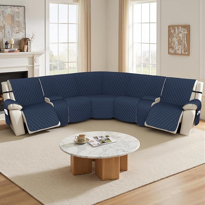 Arfntevss Recliner Sectional Couch Covers 1OO% Waterproof L Shape Sofa Cover for Reclining L Shaped Sectional Slipcover Dog Washable Corner Non Slip Protector (5 Seater with 2 Console, Midnight Blue)