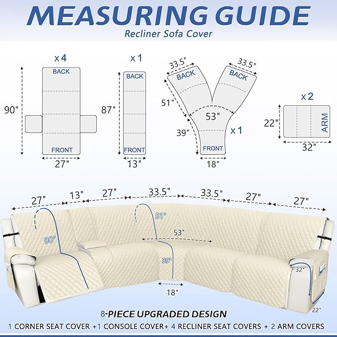 Arfntevss Recliner Sectional Couch Covers 1OO% Waterproof L Shape Sofa Cover for Reclining L Shaped Sectional Slipcover Dog Washable Corner Non Slip Protector (XL 5 Seater with 1 Console, Beige)
