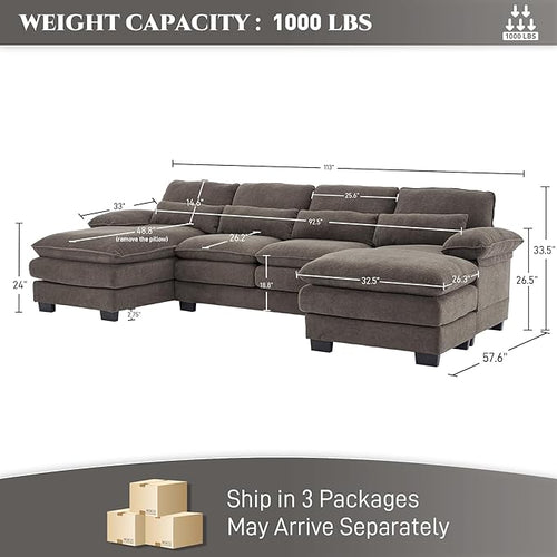 113" Cloud Couch Sectional Modular Sofa U Shaped Sectional Couches for Living Room Comfy 5-Seater Deep Seat Couch Chenille Cloud Sectional Sofa with Movable Ottoman & 4 Pillows, Stone Grey