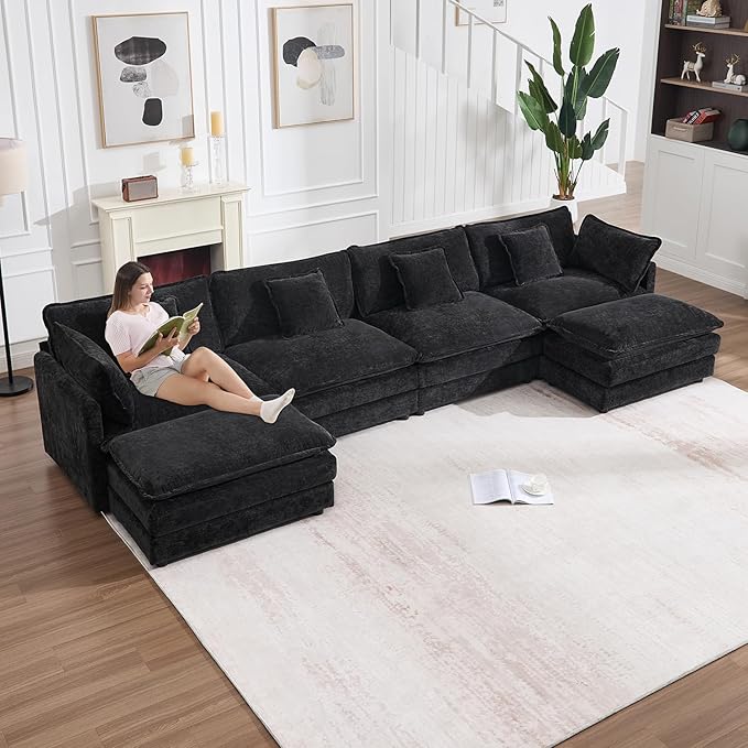 147" Modular Sectional Sofa, Oversized U Shaped Sectionals Cloud Couch, Big Comfy Couch with 2 Ottomans, 6 Seater Chenille Sectional Sofa with Deep Seat and 6 Pillows for Living Room- Black