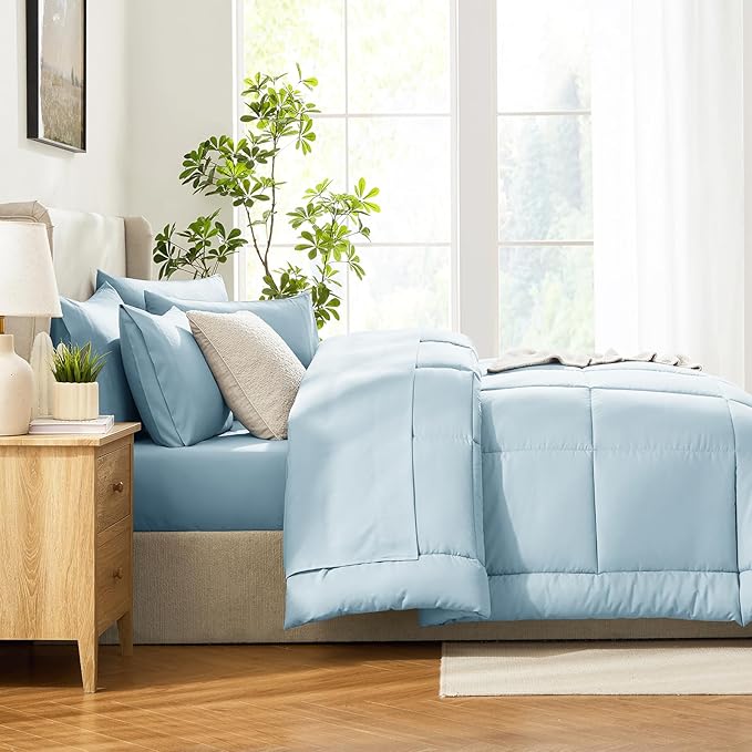 CozyLux Queen Comforter Set Light Blue, 7 Pieces Bed in a Bag, Blue Comforters Queen Size, All Season Bedding Sets with Stitch Quilted Comforter, Flat Sheet, Fitted Sheet, Pillowcases